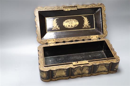 A late 19th century Chinese export glove box, gilded with vignettes, width 31cm
